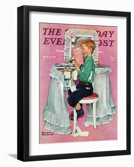 "Boy Reading his Sister's Diary" Saturday Evening Post Cover, March 21,1942-Norman Rockwell-Framed Giclee Print