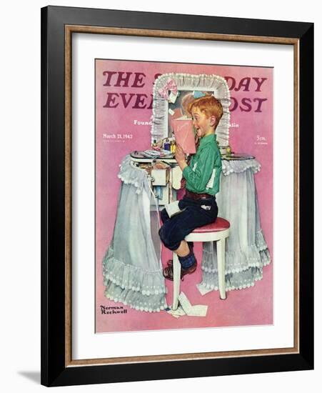 "Boy Reading his Sister's Diary" Saturday Evening Post Cover, March 21,1942-Norman Rockwell-Framed Giclee Print