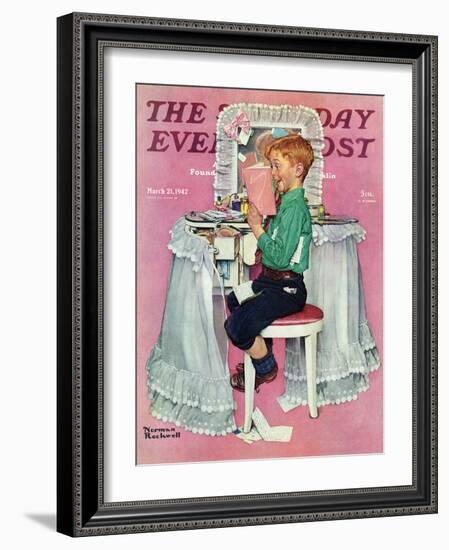 "Boy Reading his Sister's Diary" Saturday Evening Post Cover, March 21,1942-Norman Rockwell-Framed Giclee Print