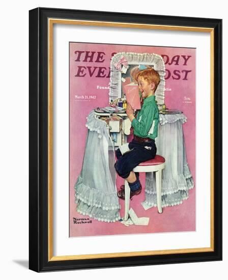 "Boy Reading his Sister's Diary" Saturday Evening Post Cover, March 21,1942-Norman Rockwell-Framed Giclee Print