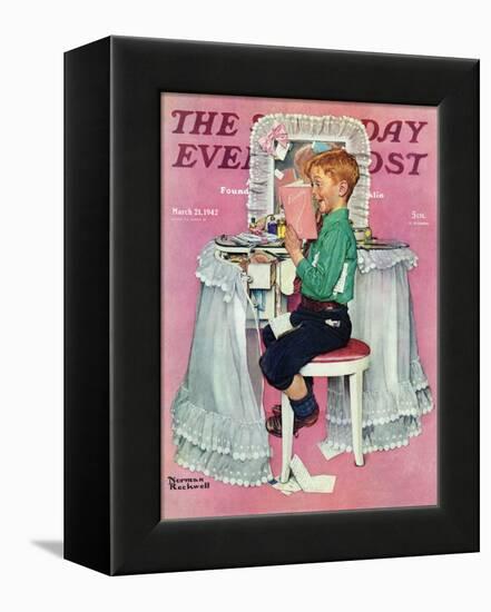 "Boy Reading his Sister's Diary" Saturday Evening Post Cover, March 21,1942-Norman Rockwell-Framed Premier Image Canvas