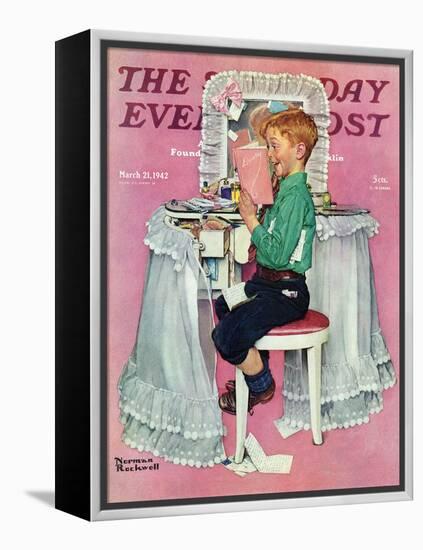 "Boy Reading his Sister's Diary" Saturday Evening Post Cover, March 21,1942-Norman Rockwell-Framed Premier Image Canvas