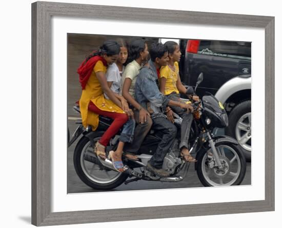 Boy Rides a Motorbike with Four Girls, as it Drizzles in Hyderabad, India-null-Framed Photographic Print