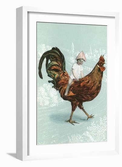 Boy Riding Giant Rooster-null-Framed Art Print