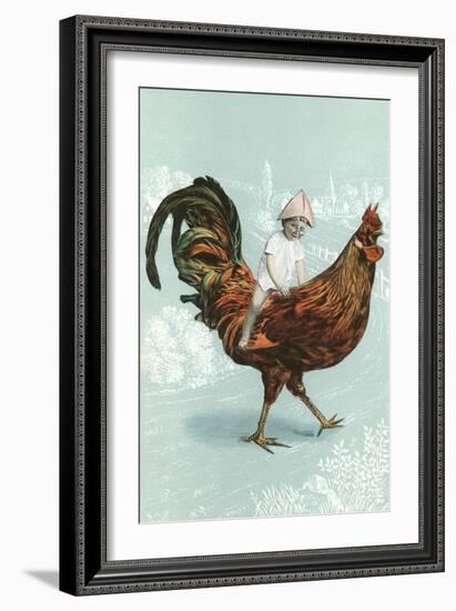 Boy Riding Giant Rooster-null-Framed Art Print