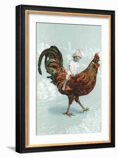 Boy Riding Giant Rooster-null-Framed Art Print