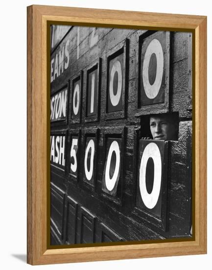 Boy Running Scoreboard at Griffith Stadium During the Baseball Game-Hank Walker-Framed Premier Image Canvas