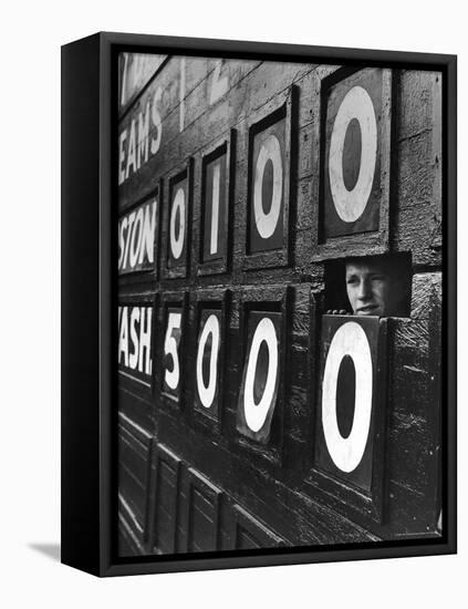 Boy Running Scoreboard at Griffith Stadium During the Baseball Game-Hank Walker-Framed Premier Image Canvas