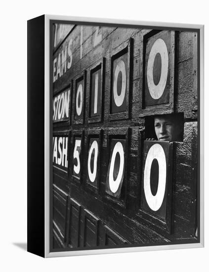 Boy Running Scoreboard at Griffith Stadium During the Baseball Game-Hank Walker-Framed Premier Image Canvas