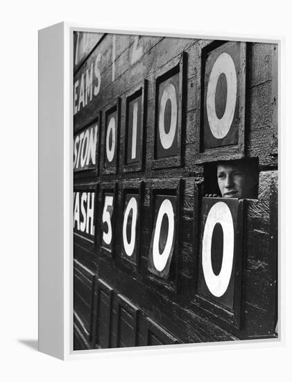 Boy Running Scoreboard at Griffith Stadium During the Baseball Game-Hank Walker-Framed Premier Image Canvas