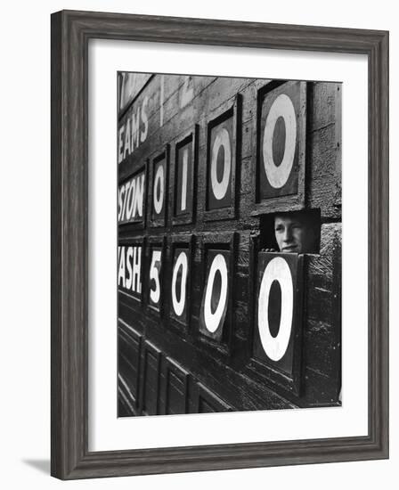 Boy Running Scoreboard at Griffith Stadium During the Baseball Game-Hank Walker-Framed Photographic Print