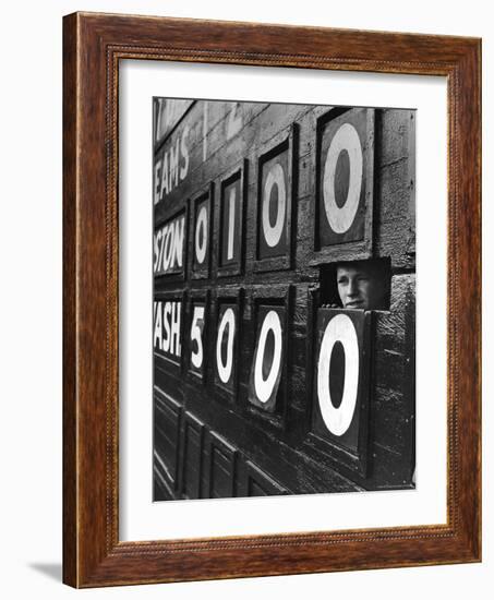 Boy Running Scoreboard at Griffith Stadium During the Baseball Game-Hank Walker-Framed Photographic Print