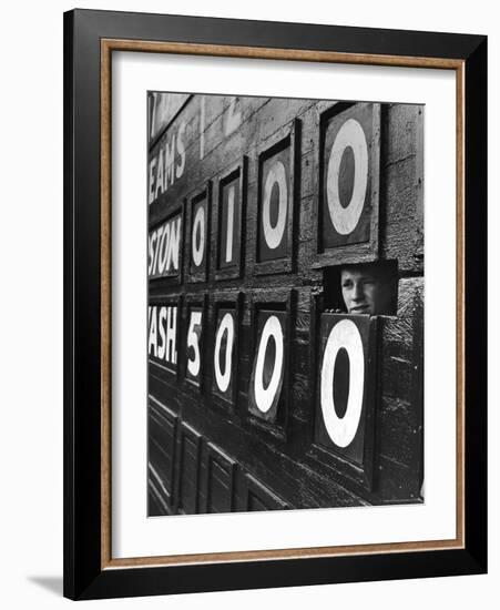 Boy Running Scoreboard at Griffith Stadium During the Baseball Game-Hank Walker-Framed Photographic Print