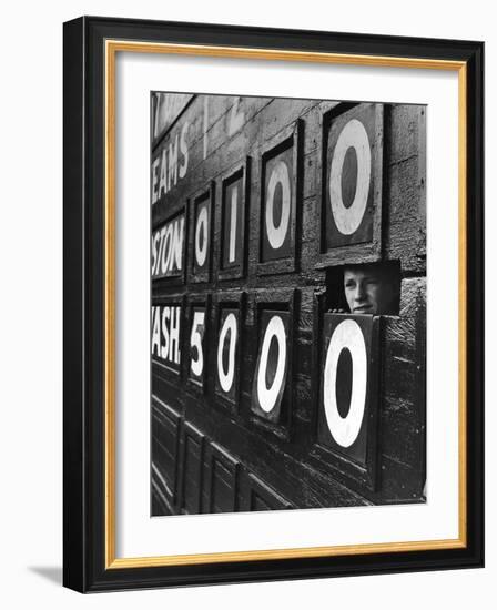 Boy Running Scoreboard at Griffith Stadium During the Baseball Game-Hank Walker-Framed Photographic Print