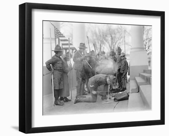 Boy Scouts making a fire for the visit of Sir Robert Baden-Powell to the White House, 1911-Harris & Ewing-Framed Photographic Print