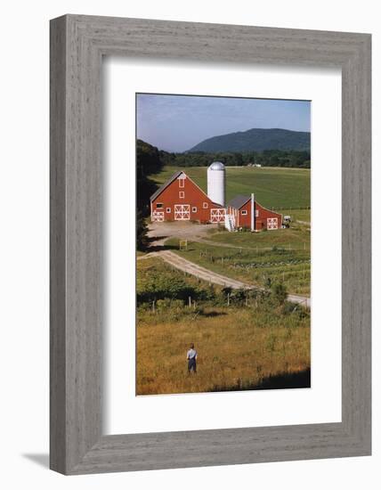 Boy Standing in Field Near Red Barn-William P. Gottlieb-Framed Photographic Print