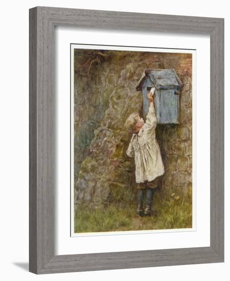 Boy Stretches to Post a Letter in the Box at Bowler's Green Surrey-Helen Allingham-Framed Art Print