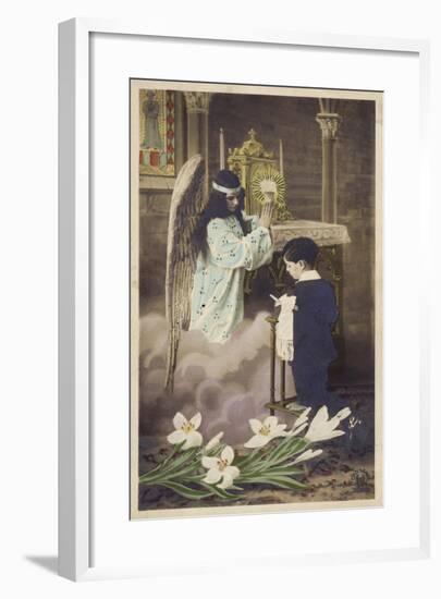 Boy Taking First Communion, Attended to by Guardian Angel (Coloured Photo)-null-Framed Giclee Print