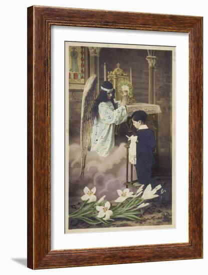 Boy Taking First Communion, Attended to by Guardian Angel (Coloured Photo)-null-Framed Giclee Print