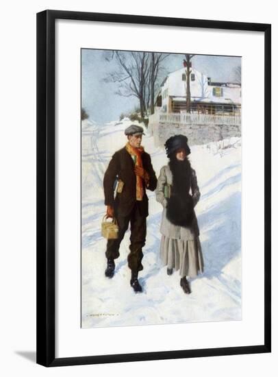 Boy Walking a Girl to School on a Winter Morning, Early 1900s-null-Framed Giclee Print