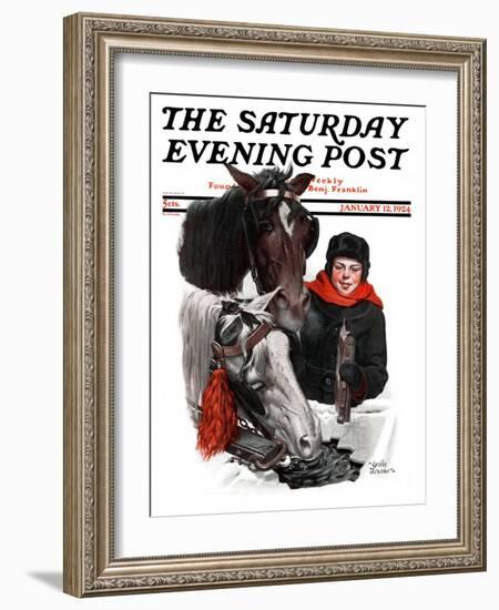 "Boy Watering Horses," Saturday Evening Post Cover, January 12, 1924-Leslie Thrasher-Framed Giclee Print