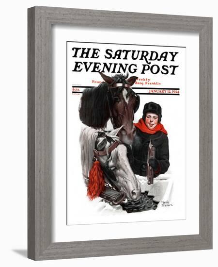 "Boy Watering Horses," Saturday Evening Post Cover, January 12, 1924-Leslie Thrasher-Framed Giclee Print