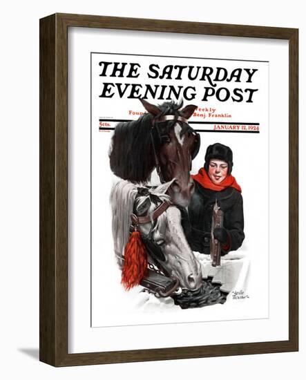 "Boy Watering Horses," Saturday Evening Post Cover, January 12, 1924-Leslie Thrasher-Framed Giclee Print