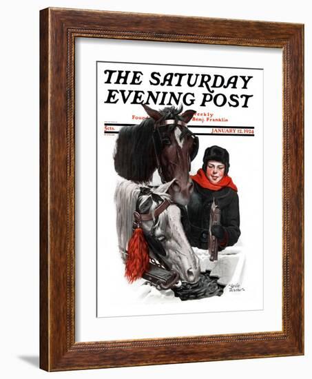 "Boy Watering Horses," Saturday Evening Post Cover, January 12, 1924-Leslie Thrasher-Framed Giclee Print