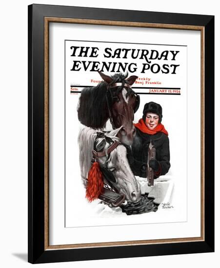 "Boy Watering Horses," Saturday Evening Post Cover, January 12, 1924-Leslie Thrasher-Framed Giclee Print