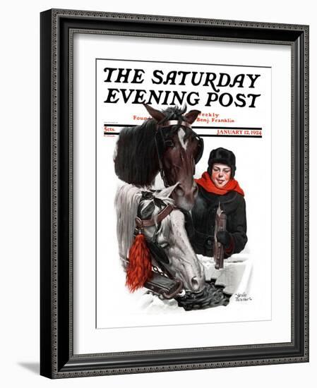 "Boy Watering Horses," Saturday Evening Post Cover, January 12, 1924-Leslie Thrasher-Framed Giclee Print