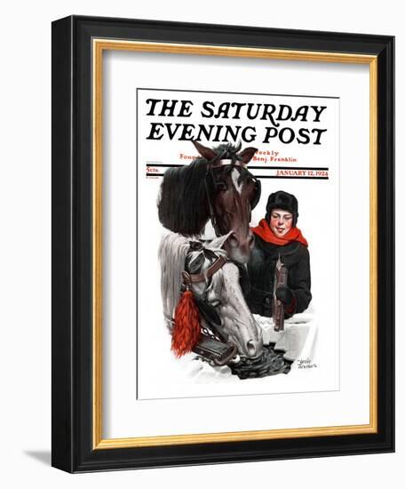 "Boy Watering Horses," Saturday Evening Post Cover, January 12, 1924-Leslie Thrasher-Framed Giclee Print