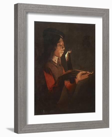 Boy with a Pipe Blowing the Candle-Georges de La Tour-Framed Giclee Print