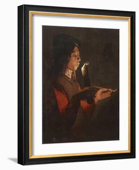 Boy with a Pipe Blowing the Candle-Georges de La Tour-Framed Giclee Print