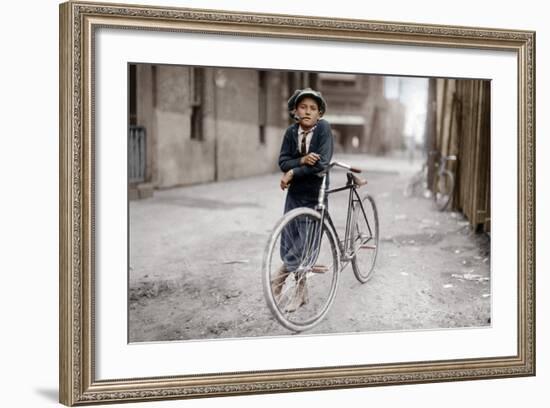 Boy with Bicycle, Smoking a Pipe-null-Framed Photographic Print