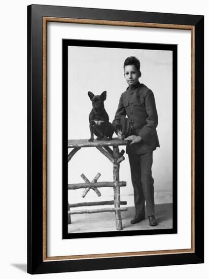Boy with French Bulldog-null-Framed Art Print