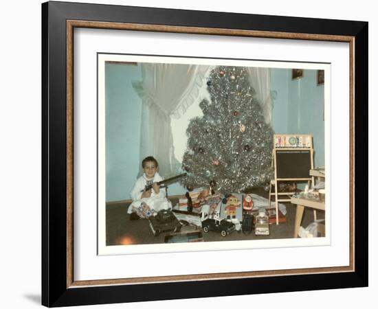 Boy with Gun and Fake Christmas Tree-null-Framed Art Print