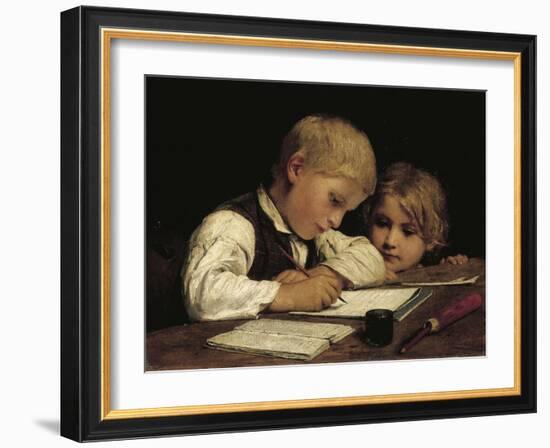 Boy Writing with His Sister, 1875-Albert Anker-Framed Giclee Print