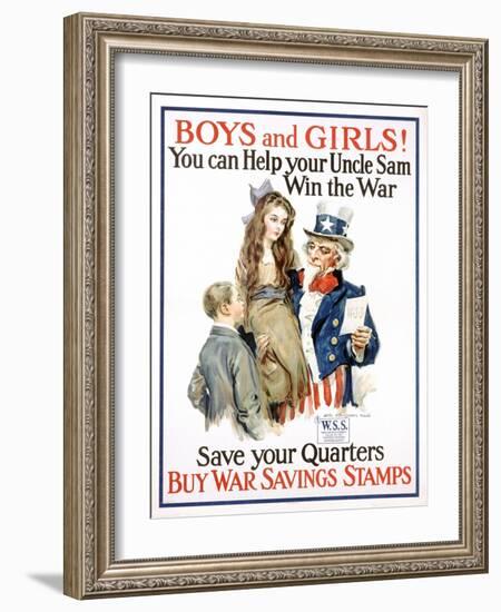 Boys and Girls! War Savings Stamps Poster-James Montgomery Flagg-Framed Giclee Print