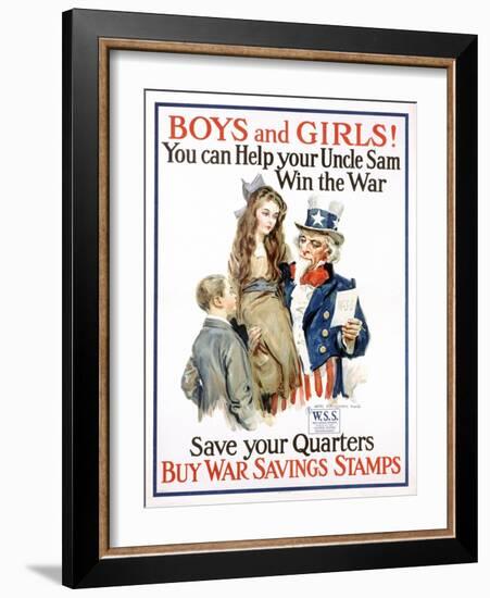 Boys and Girls! War Savings Stamps Poster-James Montgomery Flagg-Framed Giclee Print