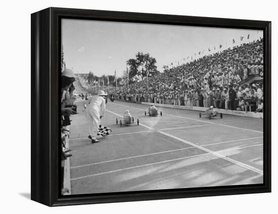 Boys and their Cars Crossing the Finish Line During the Soap Box Derby-Carl Mydans-Framed Premier Image Canvas