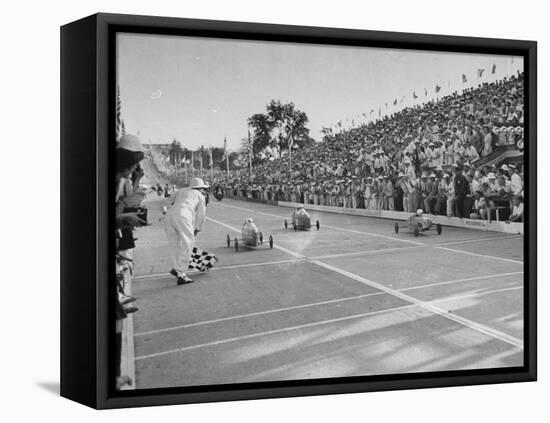 Boys and their Cars Crossing the Finish Line During the Soap Box Derby-Carl Mydans-Framed Premier Image Canvas