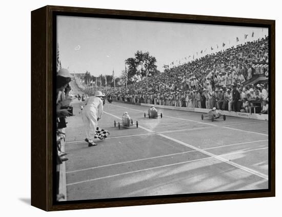 Boys and their Cars Crossing the Finish Line During the Soap Box Derby-Carl Mydans-Framed Premier Image Canvas