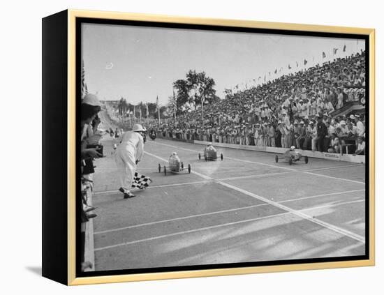 Boys and their Cars Crossing the Finish Line During the Soap Box Derby-Carl Mydans-Framed Premier Image Canvas