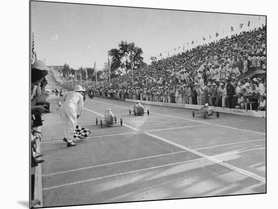 Boys and their Cars Crossing the Finish Line During the Soap Box Derby-Carl Mydans-Mounted Premium Photographic Print