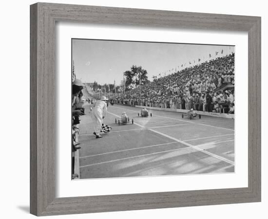 Boys and their Cars Crossing the Finish Line During the Soap Box Derby-Carl Mydans-Framed Photographic Print