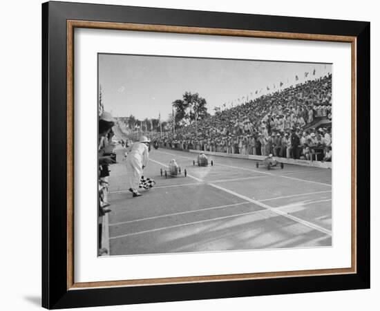 Boys and their Cars Crossing the Finish Line During the Soap Box Derby-Carl Mydans-Framed Photographic Print