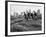 Boys Climbing About on Rock Formation in Central Park as Essex House Looms Amidst Skyline of City-Bill Ray-Framed Photographic Print