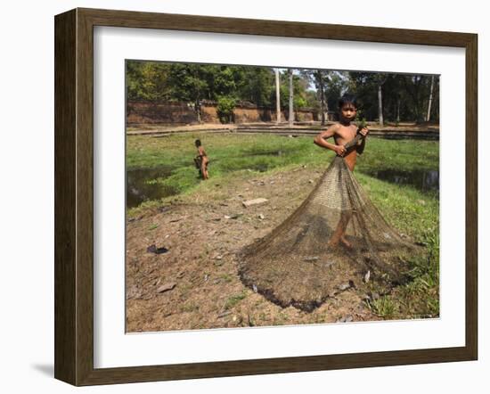 Boys Fishing Around the Temples of Angkor, Cambodia, Indochina, Southeast Asia-Andrew Mcconnell-Framed Photographic Print