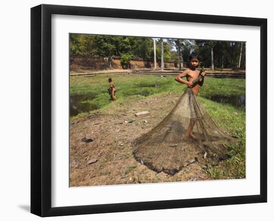 Boys Fishing Around the Temples of Angkor, Cambodia, Indochina, Southeast Asia-Andrew Mcconnell-Framed Photographic Print