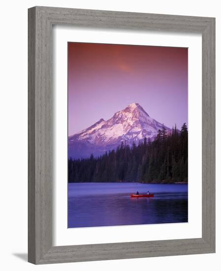 Boys in Canoe on Lost Lake with Mt Hood in the Distance, Mt Hood National Forest, Oregon, USA-Janis Miglavs-Framed Photographic Print